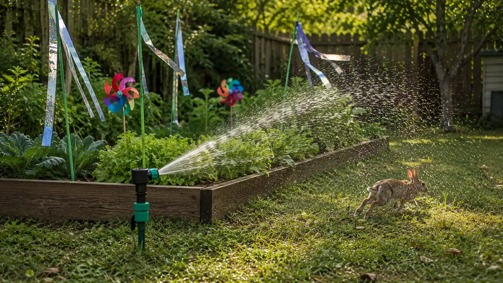 motion sprinkler shows how to keep rabbits out of garden beds with water spray, pinwheels, and vegetables