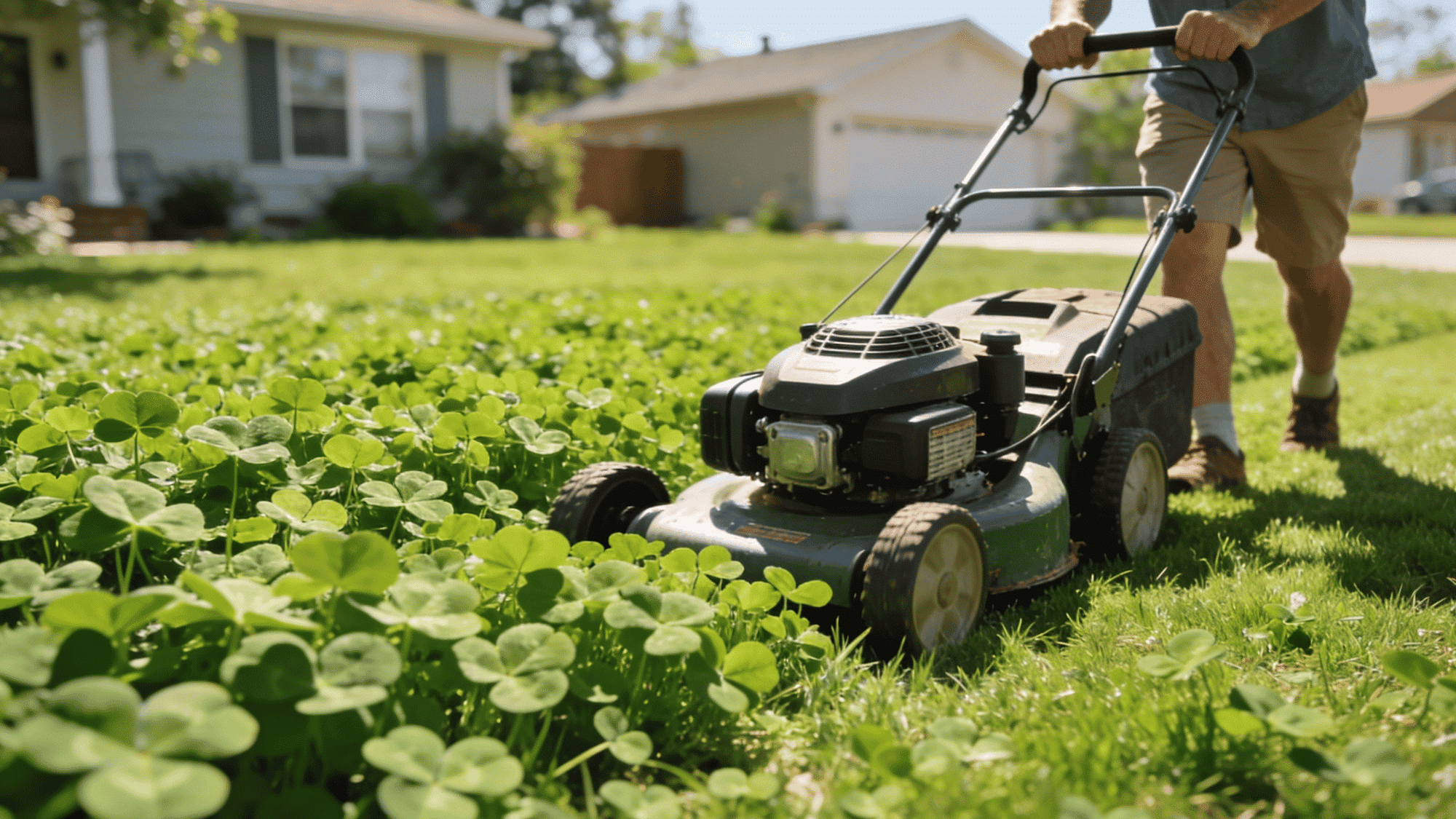 mowing and maintaining a healthy green clover lawn in a suburban residential backyard