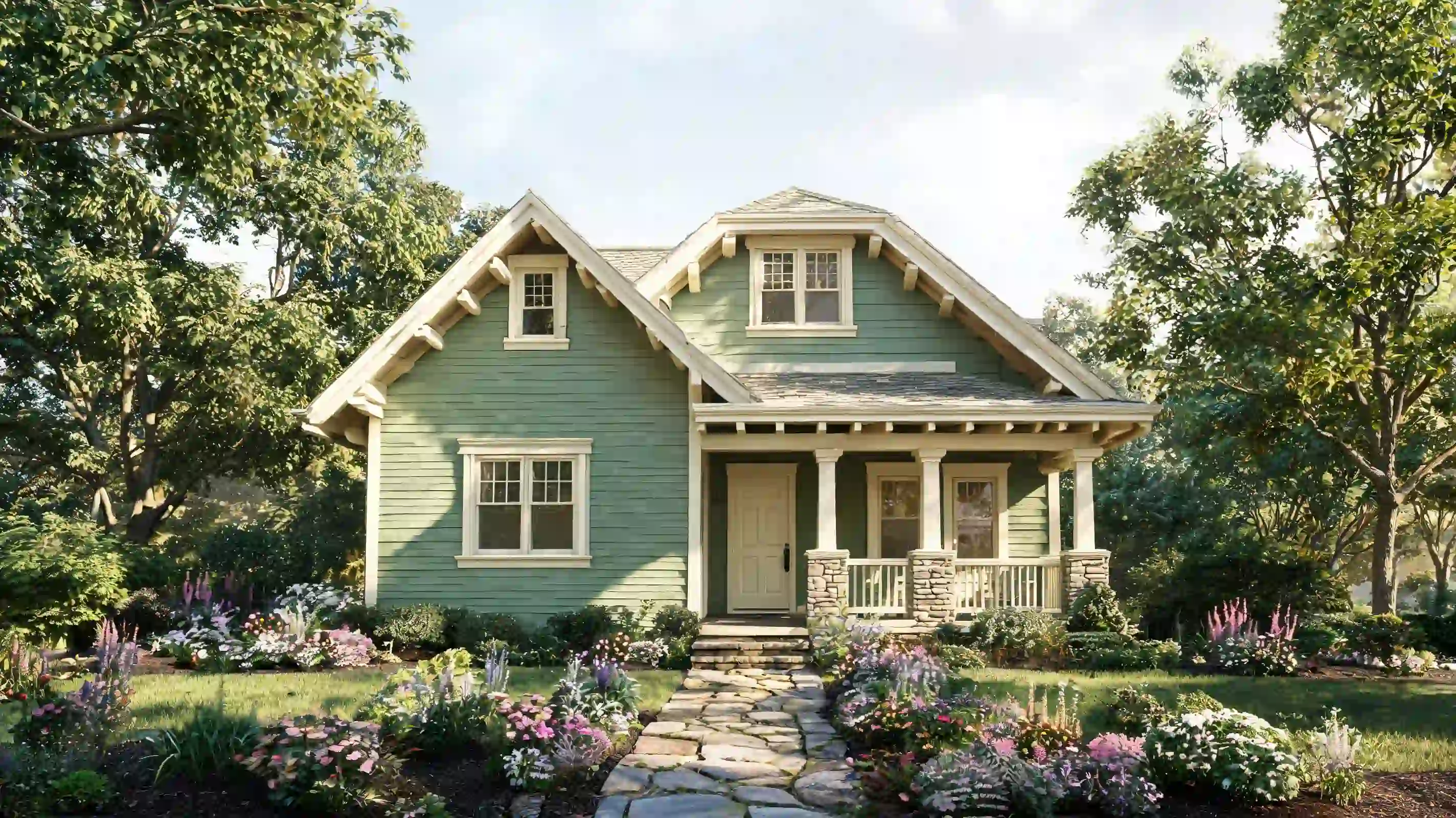 muted sage green craftsman cottage with cream trim garden beds and stone walkway
