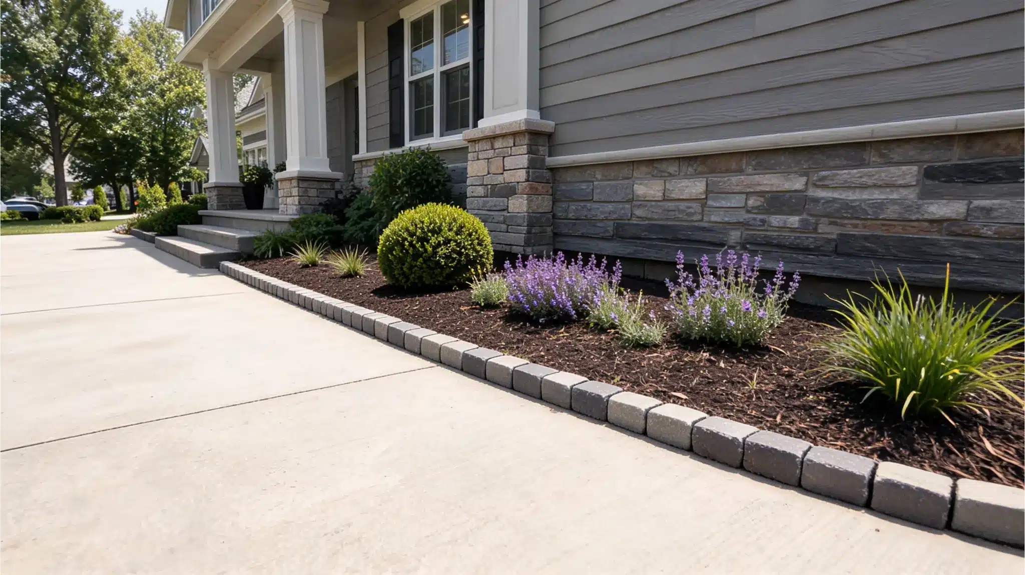 Narrow garden bed beside a driveway with low plants, compact shrubs, mulch, and neat edging.