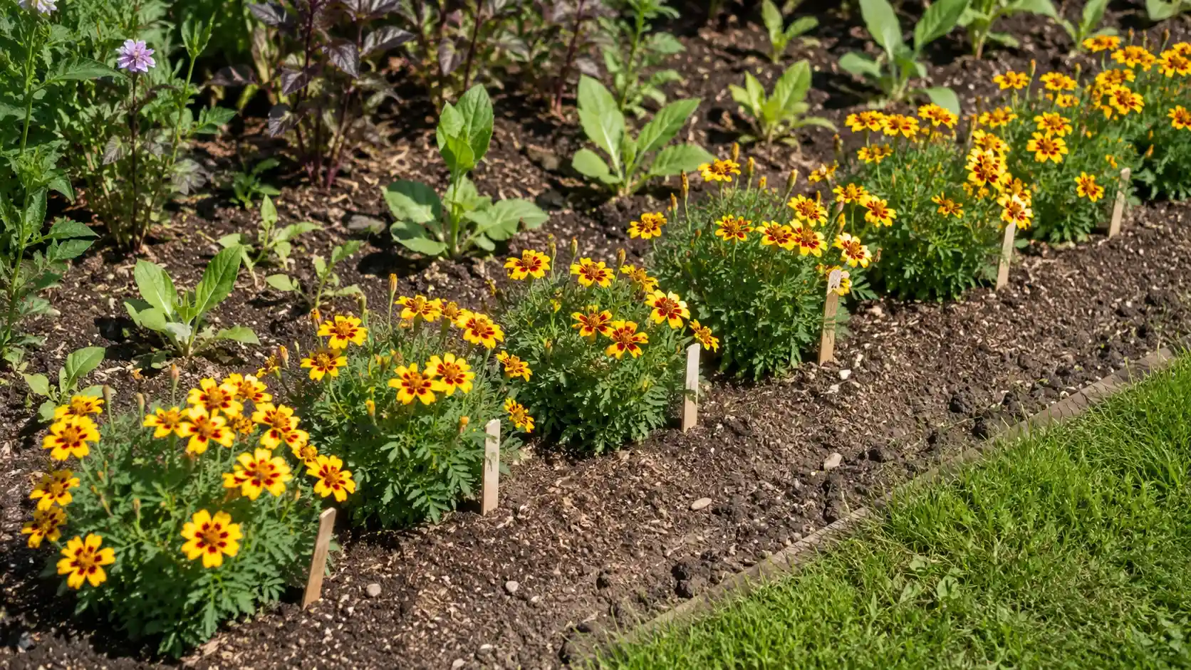 naughty marietta french marigolds growing in a traditional sunny border from seed-started plants