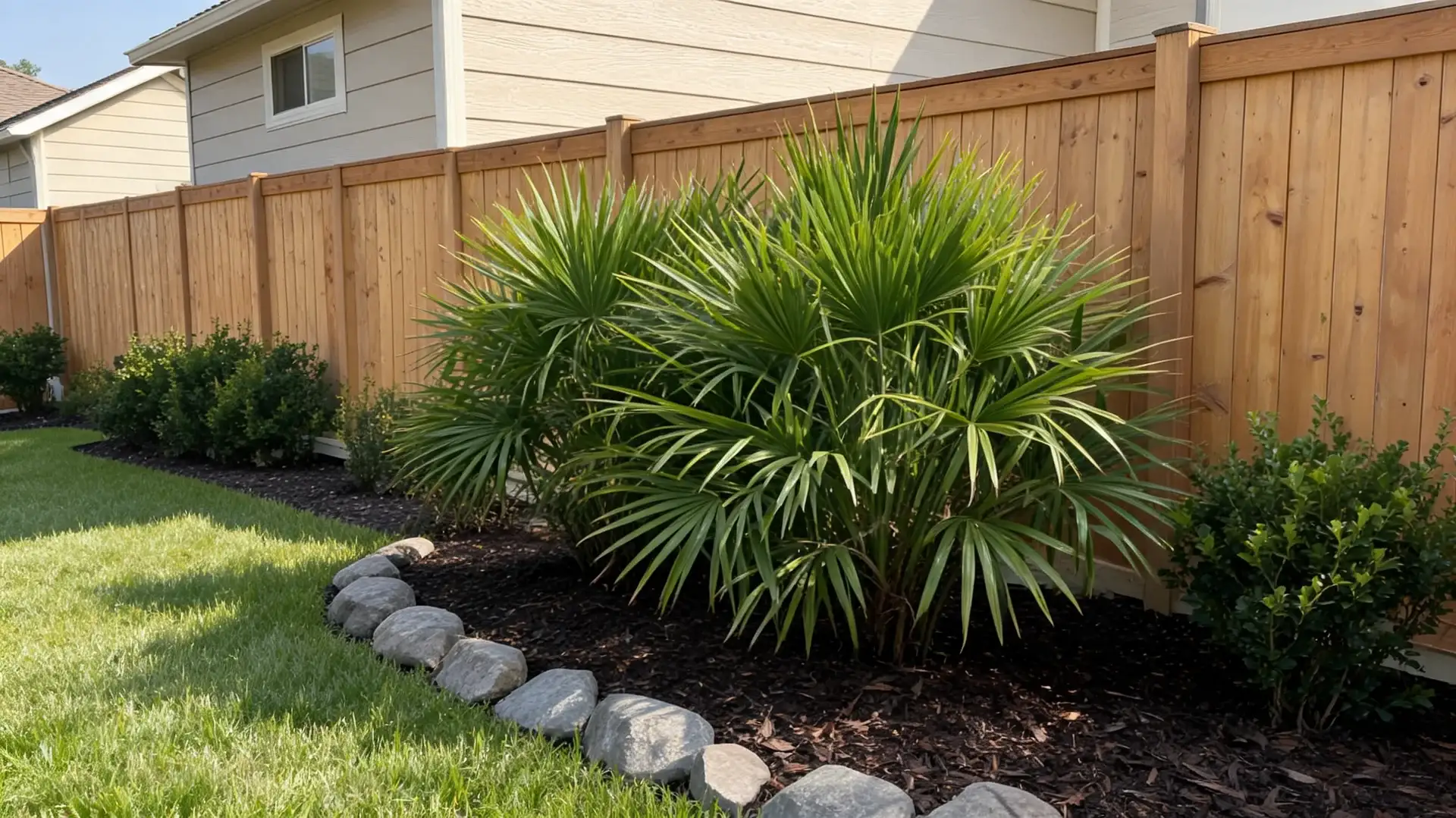 needle palm tree with stiff fan leaves and compact growth