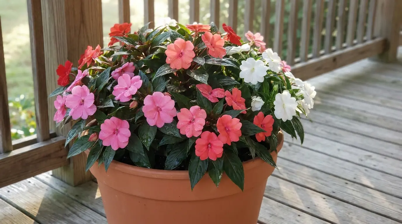 new guinea impatiens blooming in bright shade with large flowers and glossy green leaves