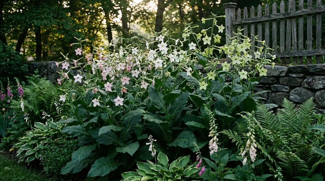 nicotiana flowers blooming in part shade with star shaped petals and upright summer stems