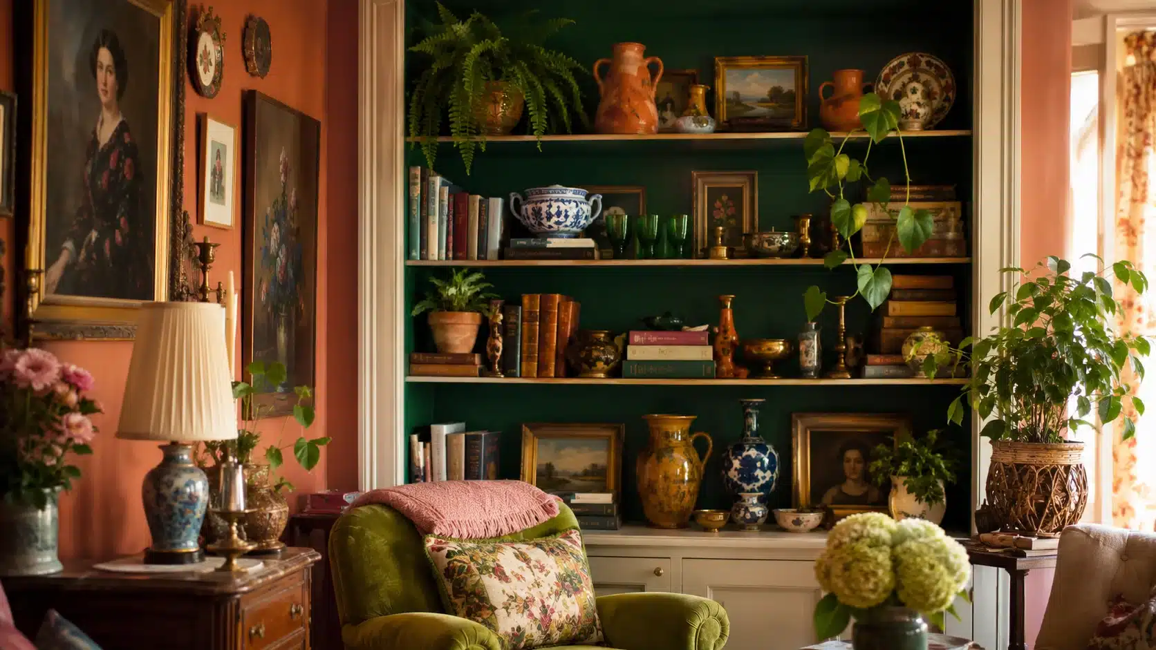 open cabinet with bold painted back panel, books, ceramics, plants, and maximalist decor