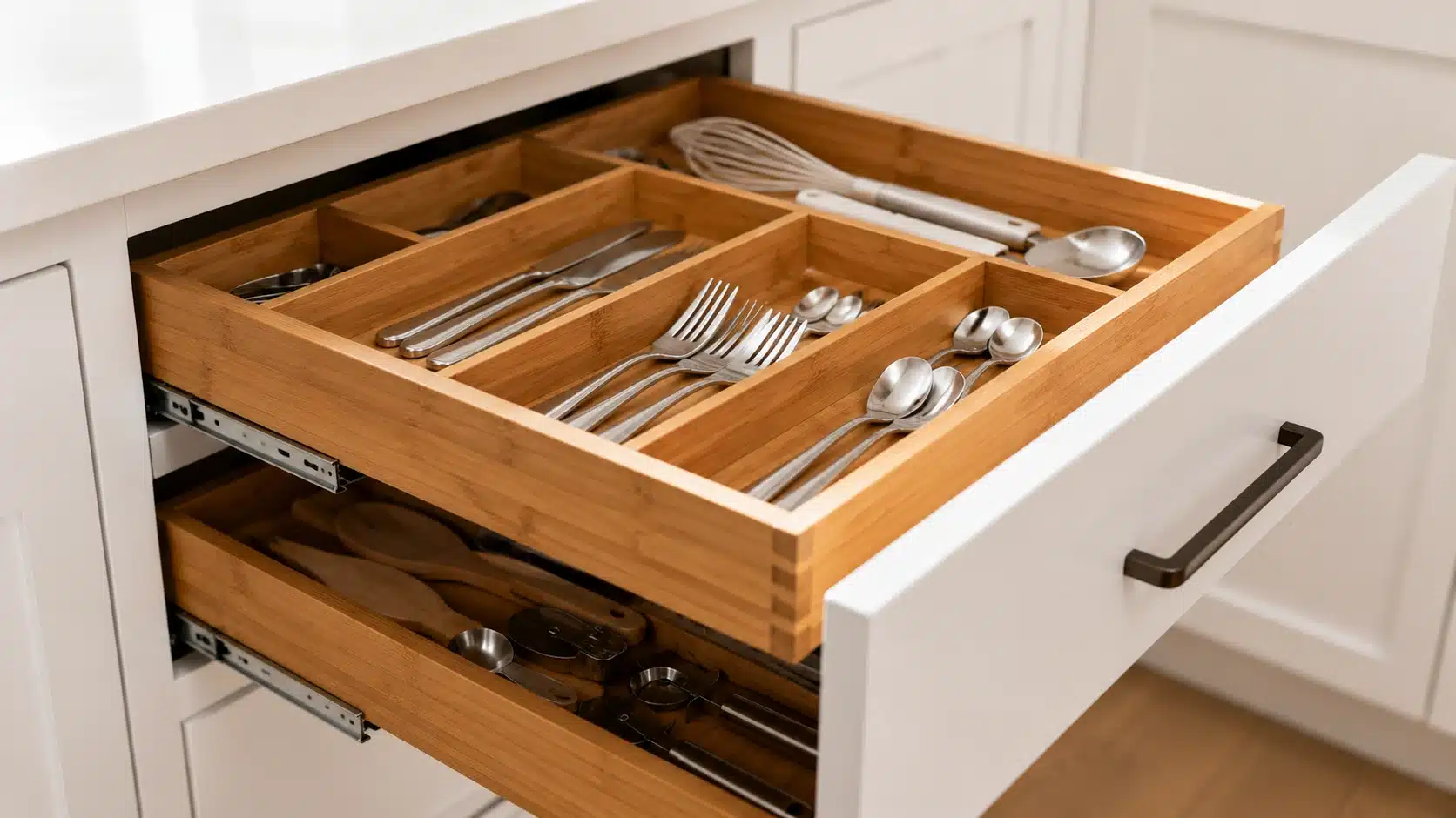 open double kitchen drawers with organizers holding silverware, utensils, whisks, measuring tools, and wooden spoons