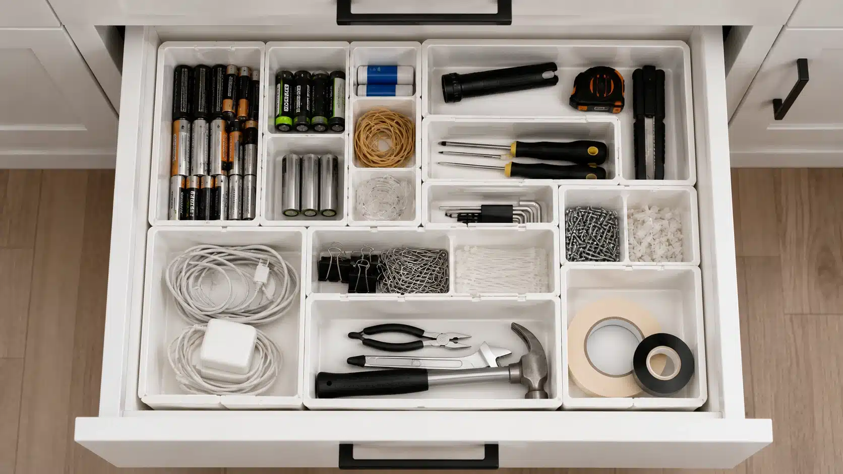 open drawer with white organizers holding batteries, cords, tools, tape, screws, clips, and small household supplies