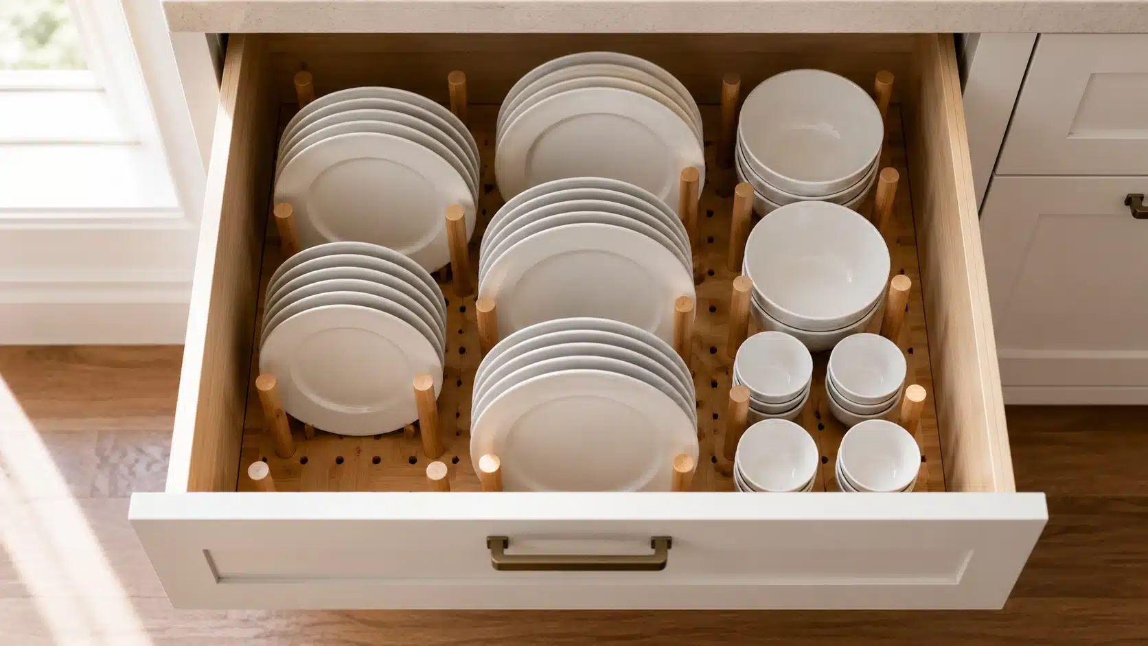 open kitchen drawer with pegged bamboo organizer holding neatly stacked white plates, bowls, cups, and small dishes