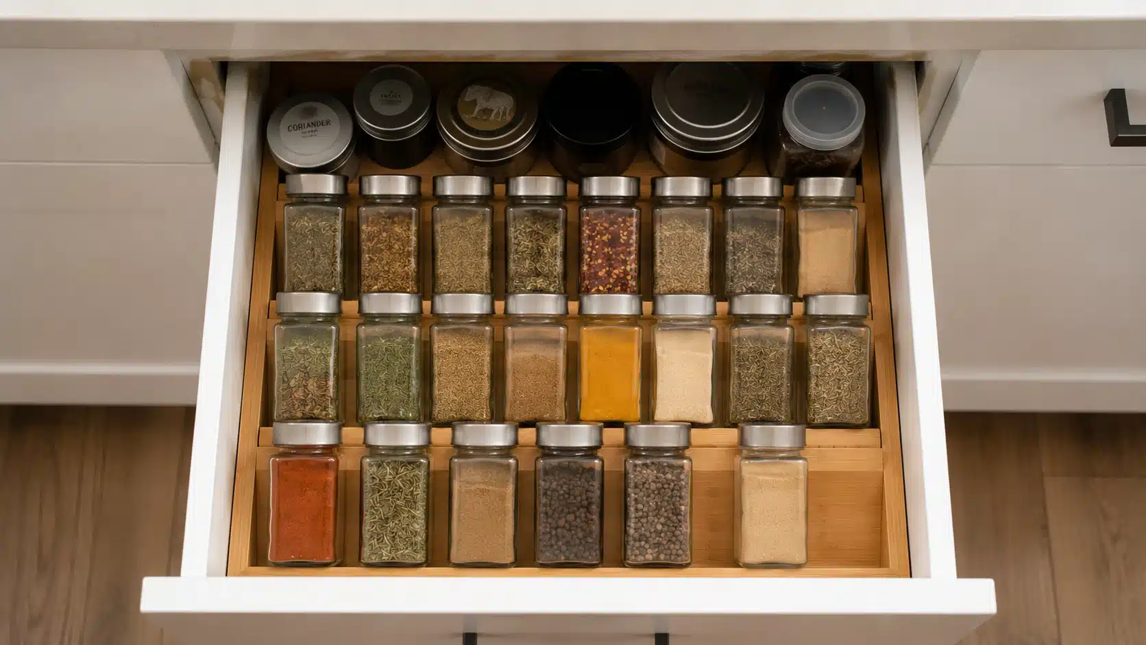 open kitchen drawer with tiered bamboo organizer displaying rows of labeled spice jars and containers neatly arranged