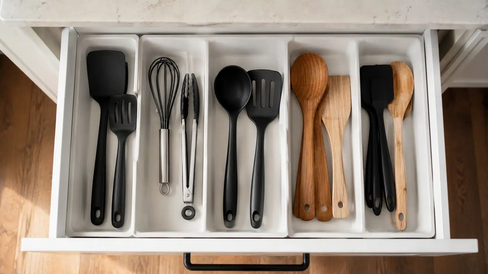 open kitchen drawer with white organizer holding black, metal, and wooden cooking utensils separated into compartments