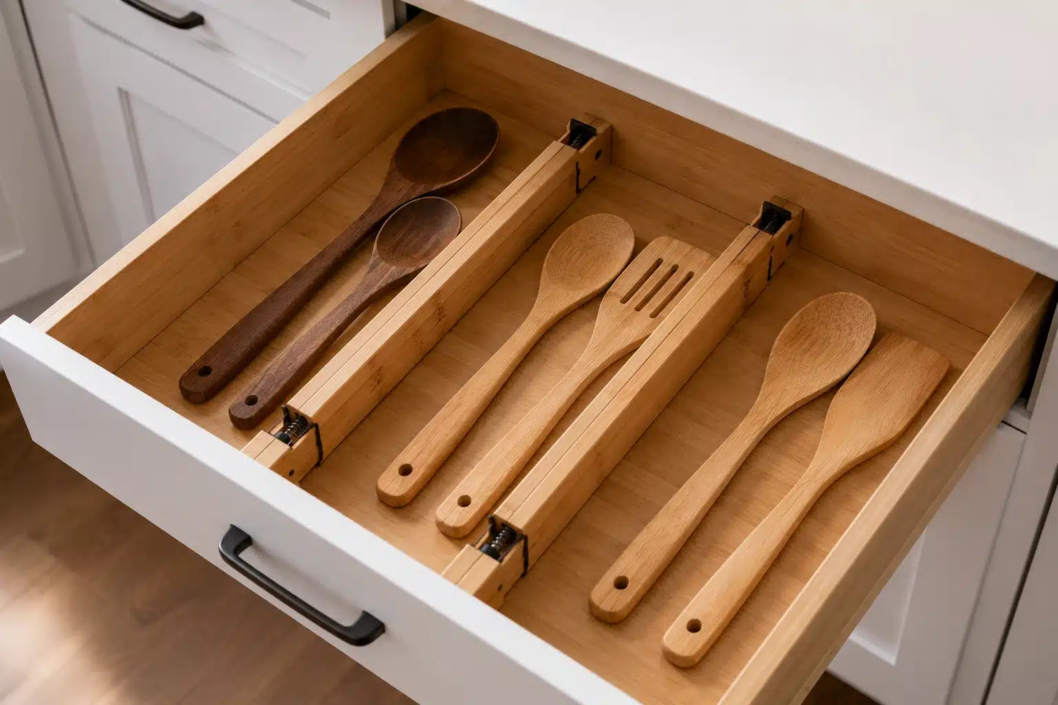 open kitchen drawer with wooden dividers neatly separating bamboo spoons, spatulas, and serving utensils
