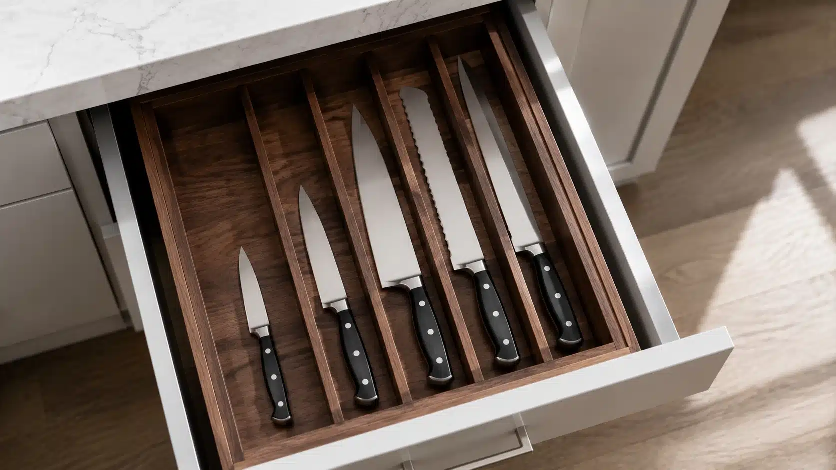 open kitchen drawer with wooden organizer separating six knives by size beneath a marble countertop