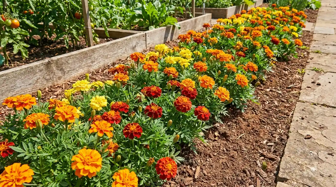 orange and yellow marigolds blooming along a sunny garden edge beside rich summer soil