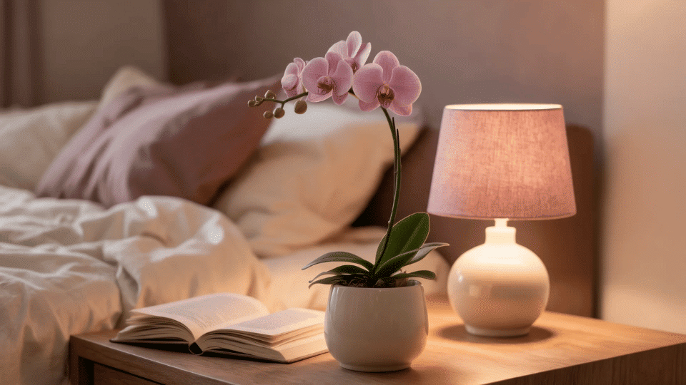 orchid on an elegant bedroom dresser with mauve bedding, warm lamp, open book, and ceramic pot