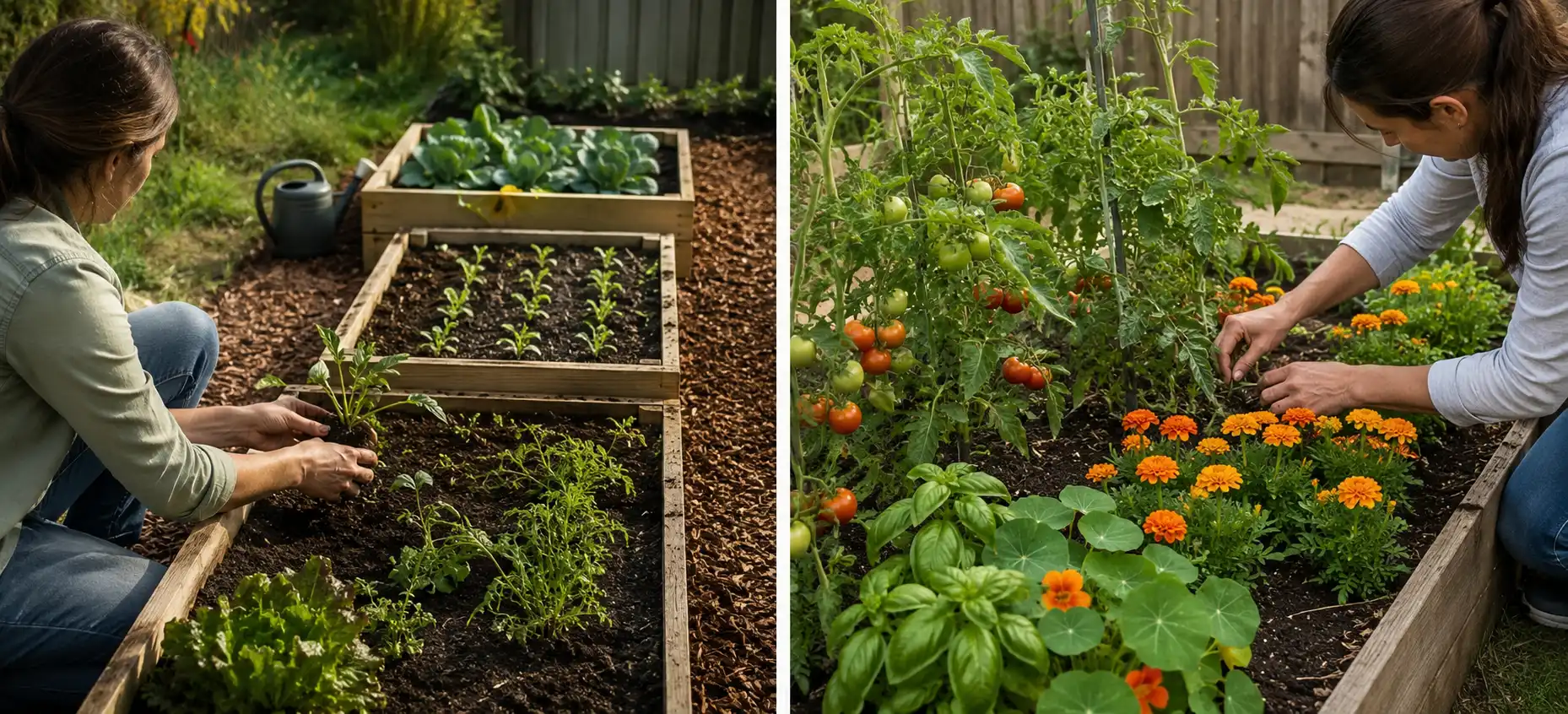 split garden scene showing crop rotation beds and companion planting with tomatoes, herbs, and marigolds
