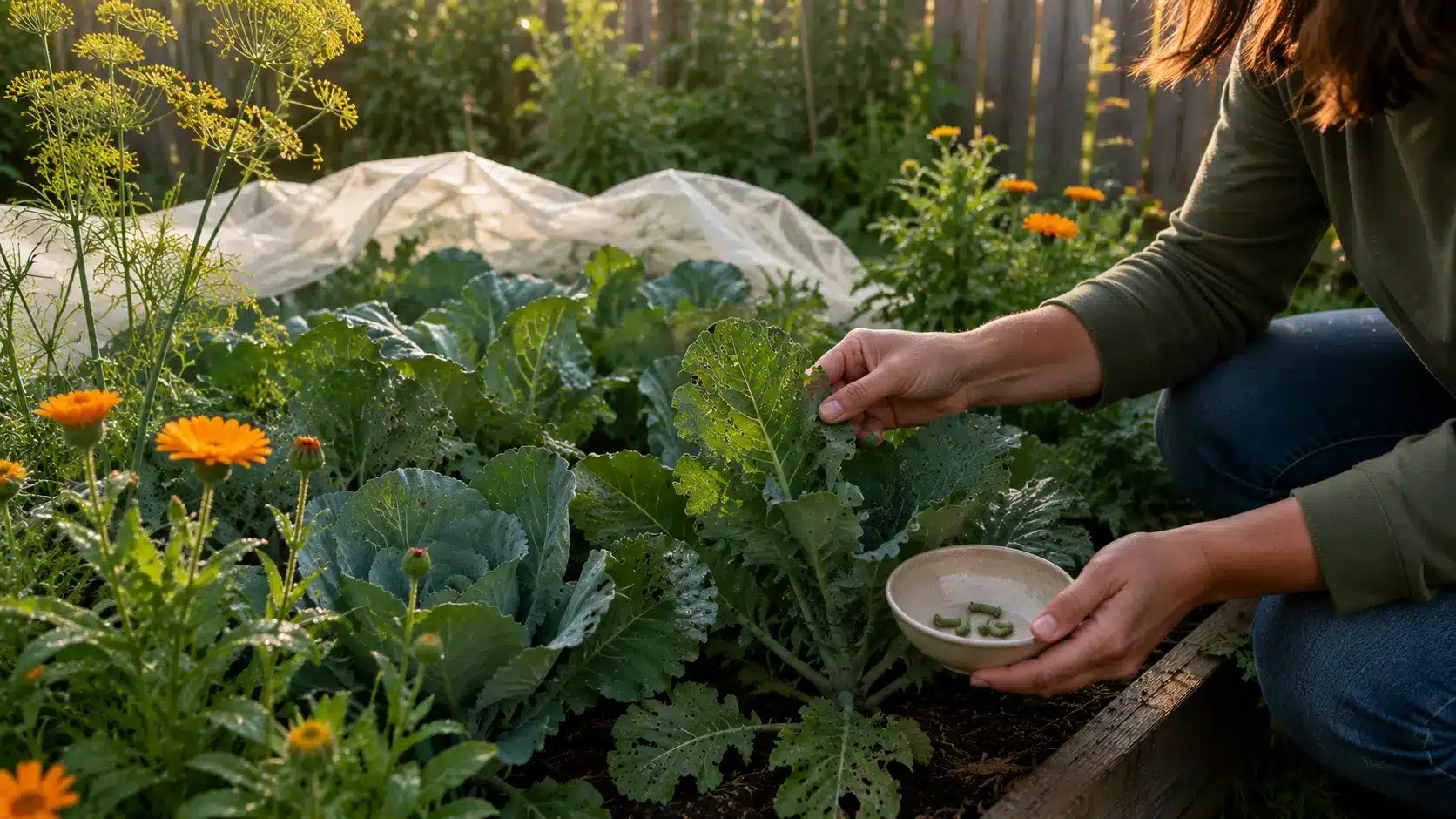 gardener checks leafy plants for pests while row cover and helpful flowers sit nearby