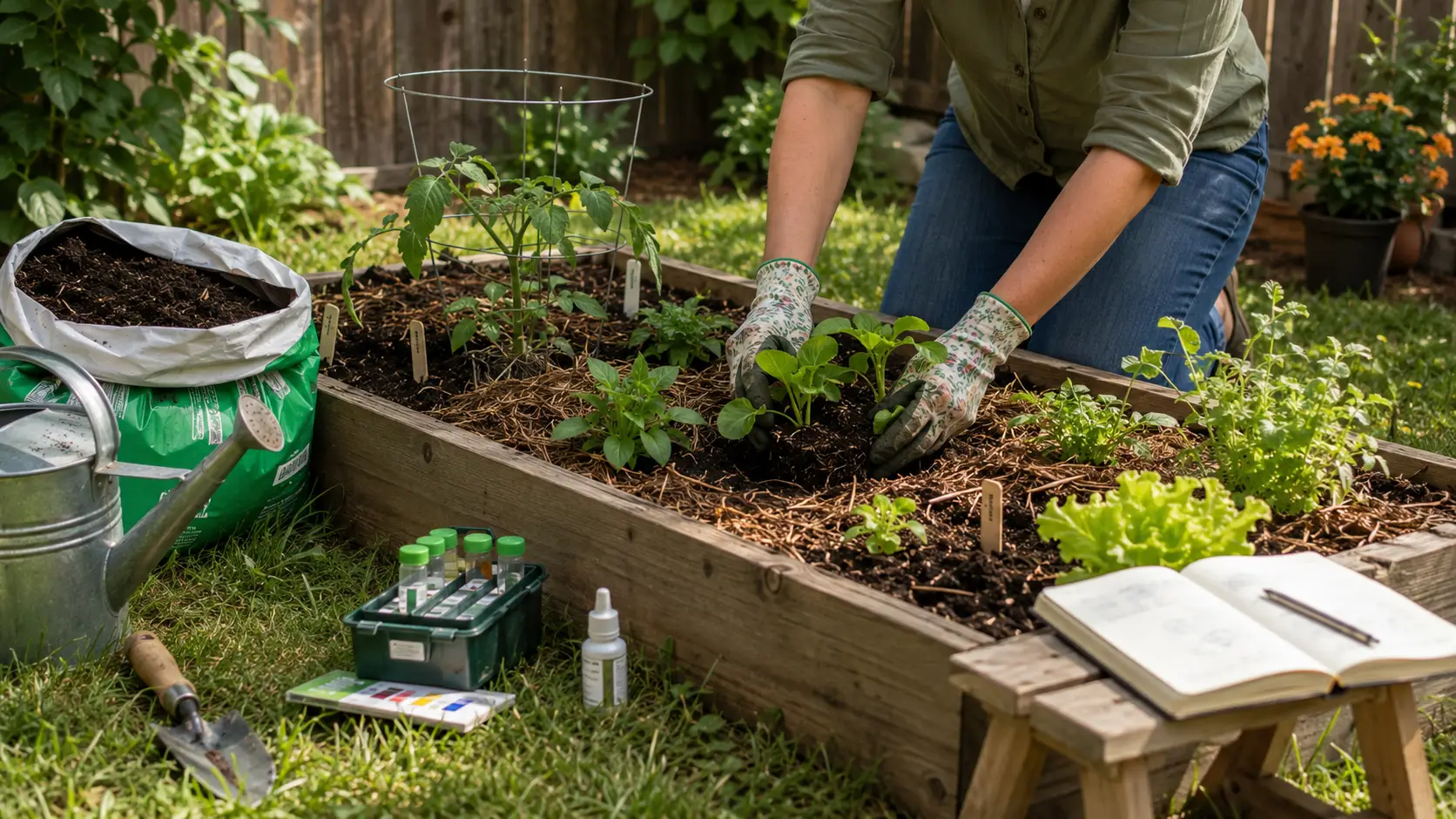 beginner plants seedlings while compost, mulch, labels, and garden tools sit nearby