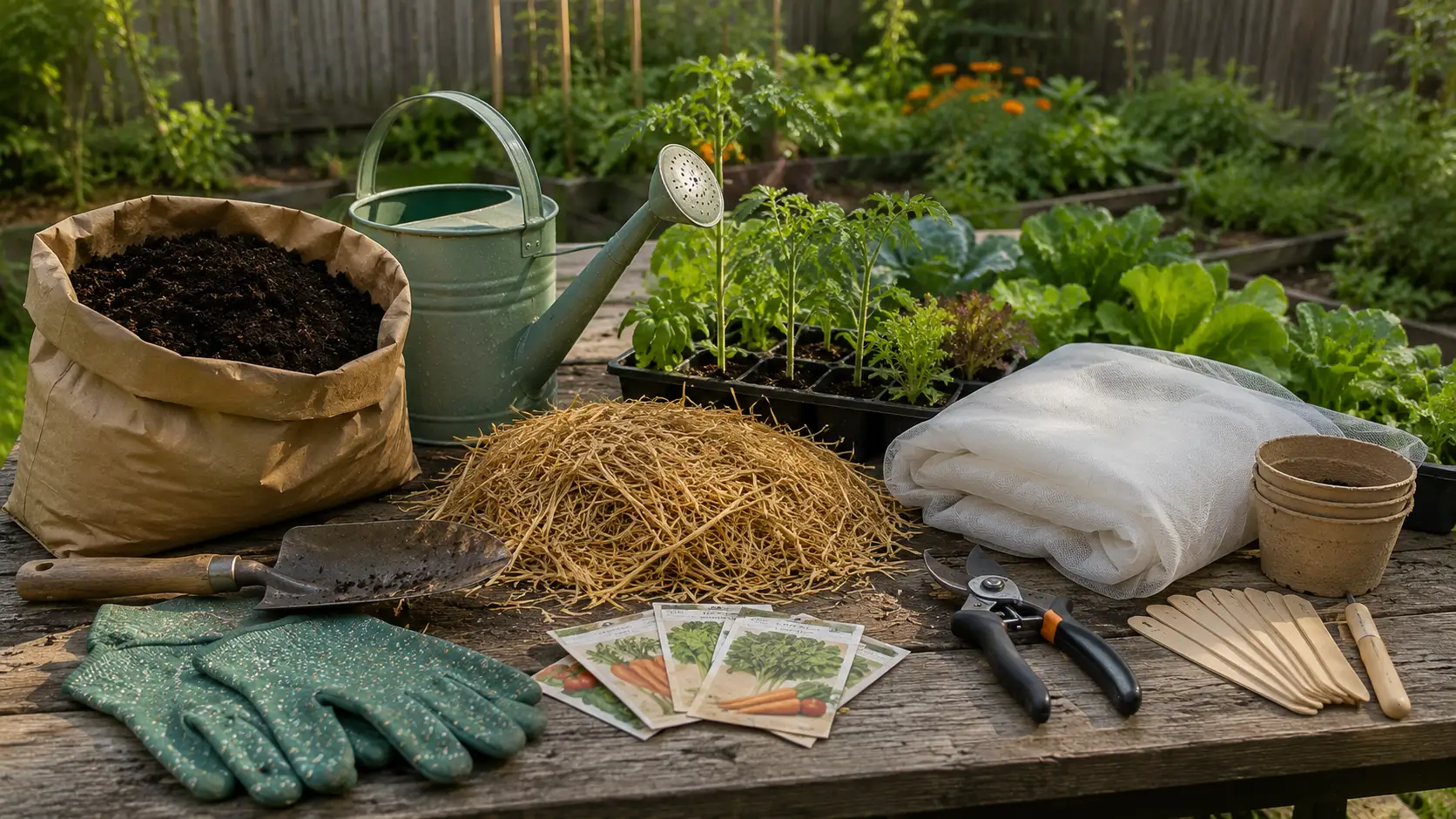 compost, tools, seeds, seedlings, mulch, and labels arranged on a garden table