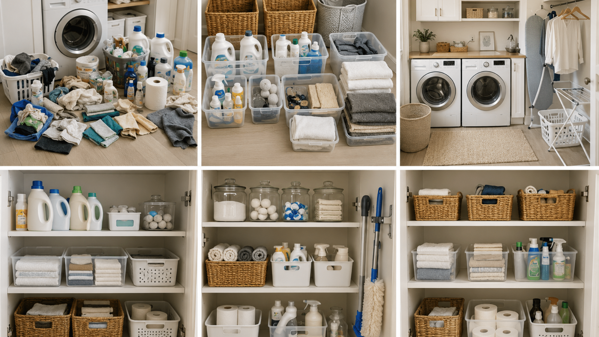 organized laundry room with storage bins, folded towels, cabinets, and laundry essentials neatly stored