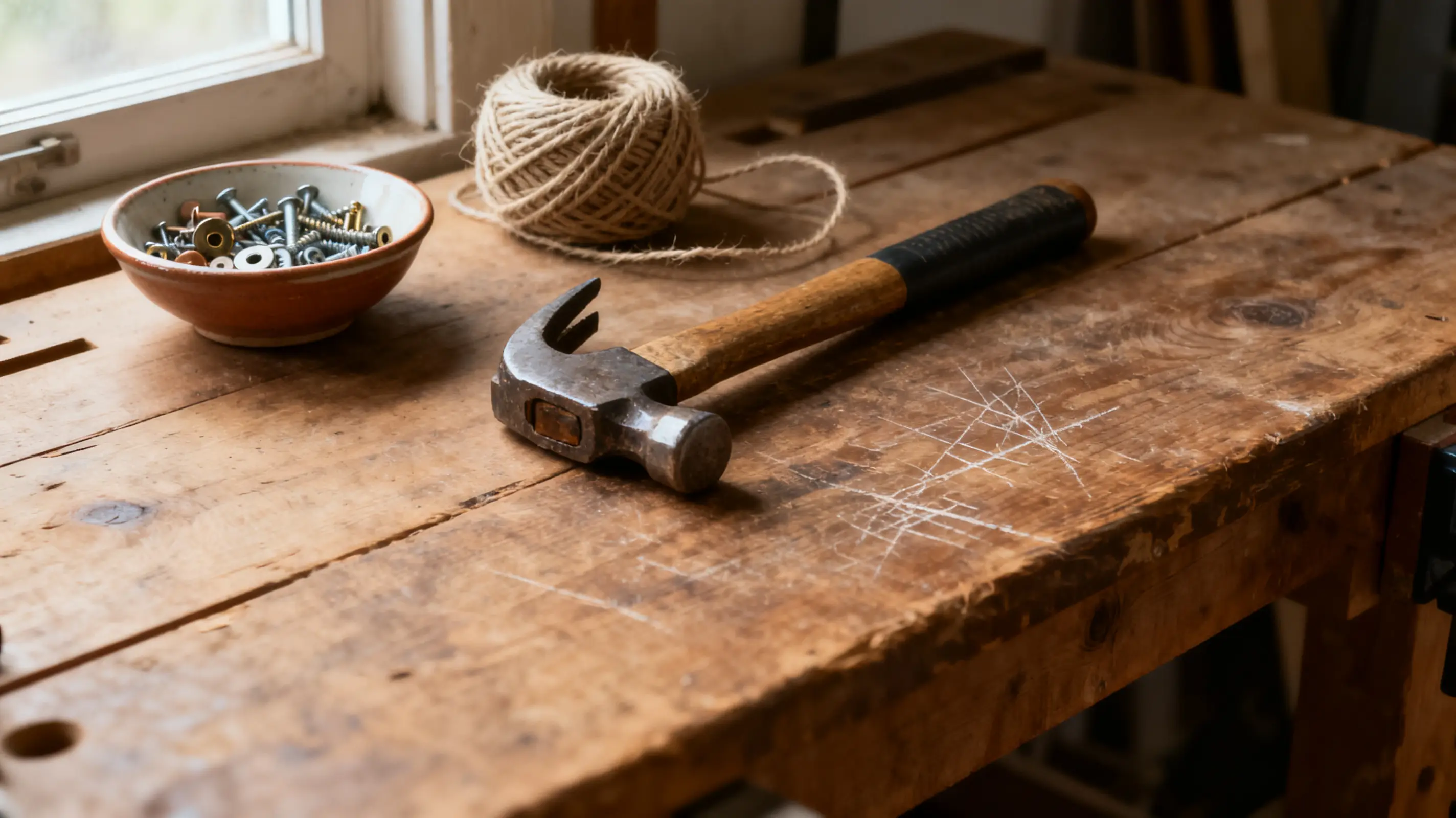 Hammer and bowl of nails on wooden workbench in bright workshop setting