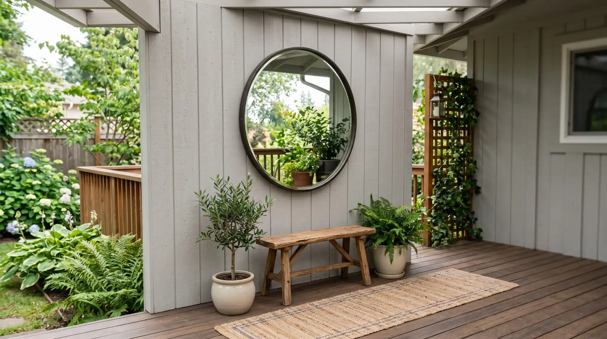 outdoor mirror on deck wall