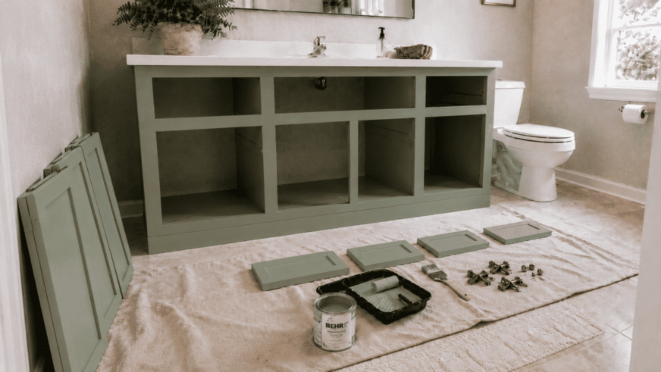 painted cabinets kept on the side to rest and cure before they are reassembled