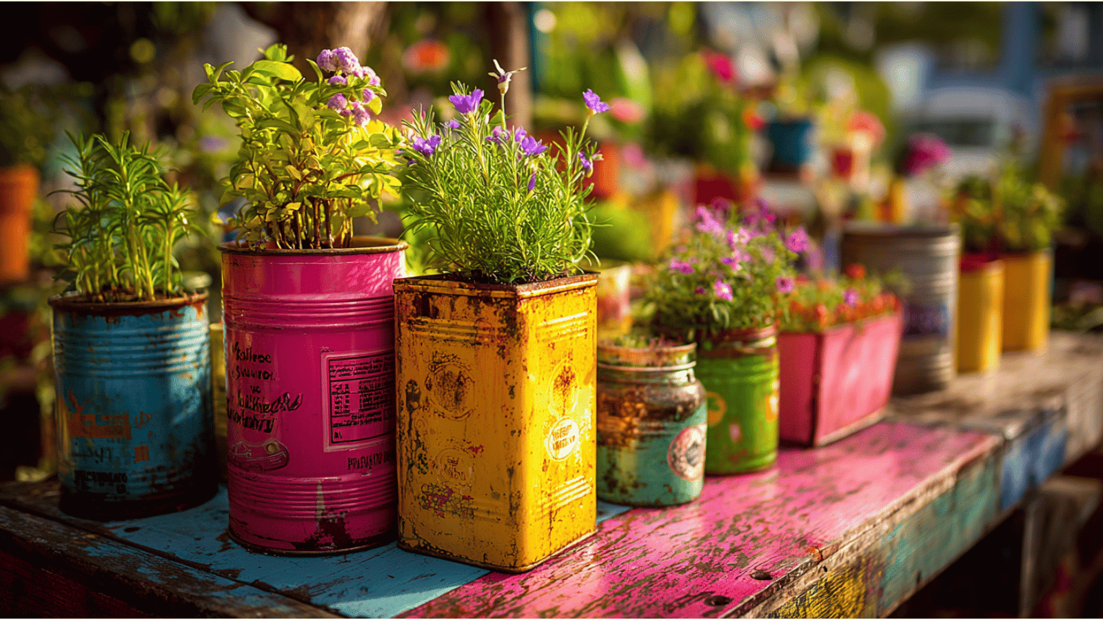 painted tin can planters filled with herbs and flowers on rustic table in bright colorful diy garden display