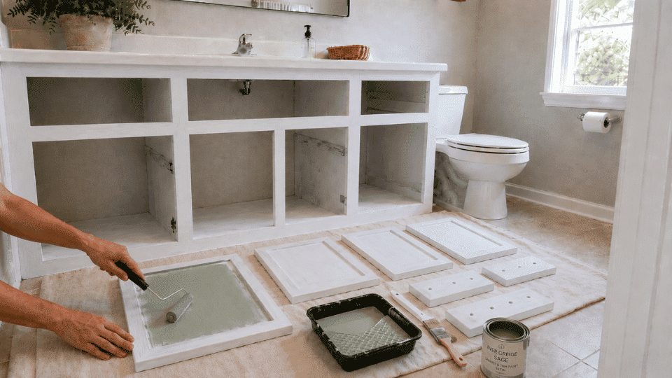 painting the first sage green coat on primed bathroom cabinet doors
