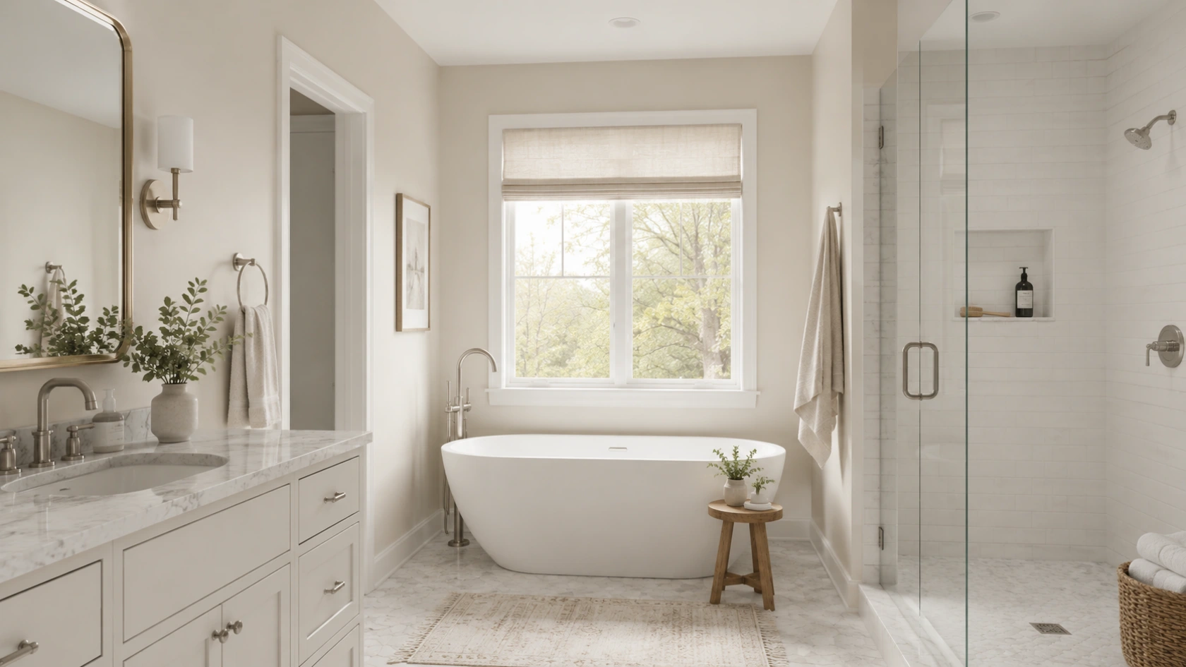 pale oak benjamin moore bathroom with cool marble surfaces and neutral finishes balancing undertones
