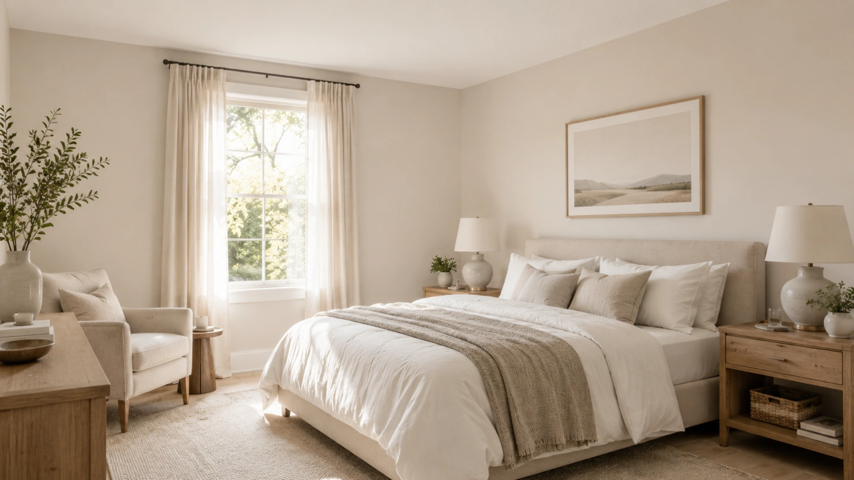 pale oak benjamin moore bedroom design with soft warm greige walls linen textures and calm natural light