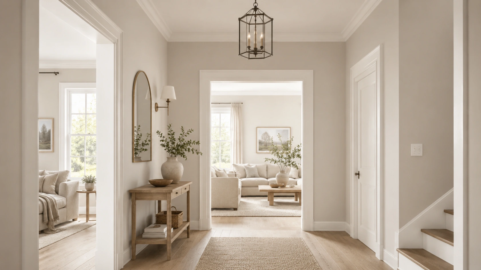 pale oak benjamin moore hallway showing transitional neutral paint flow with consistent trim and lighting