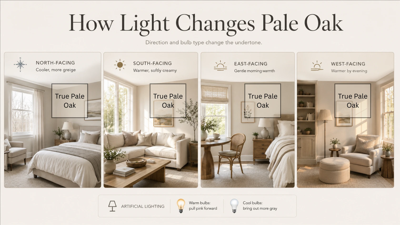 pale oak benjamin moore how light changes infographic showing north south east west room variations