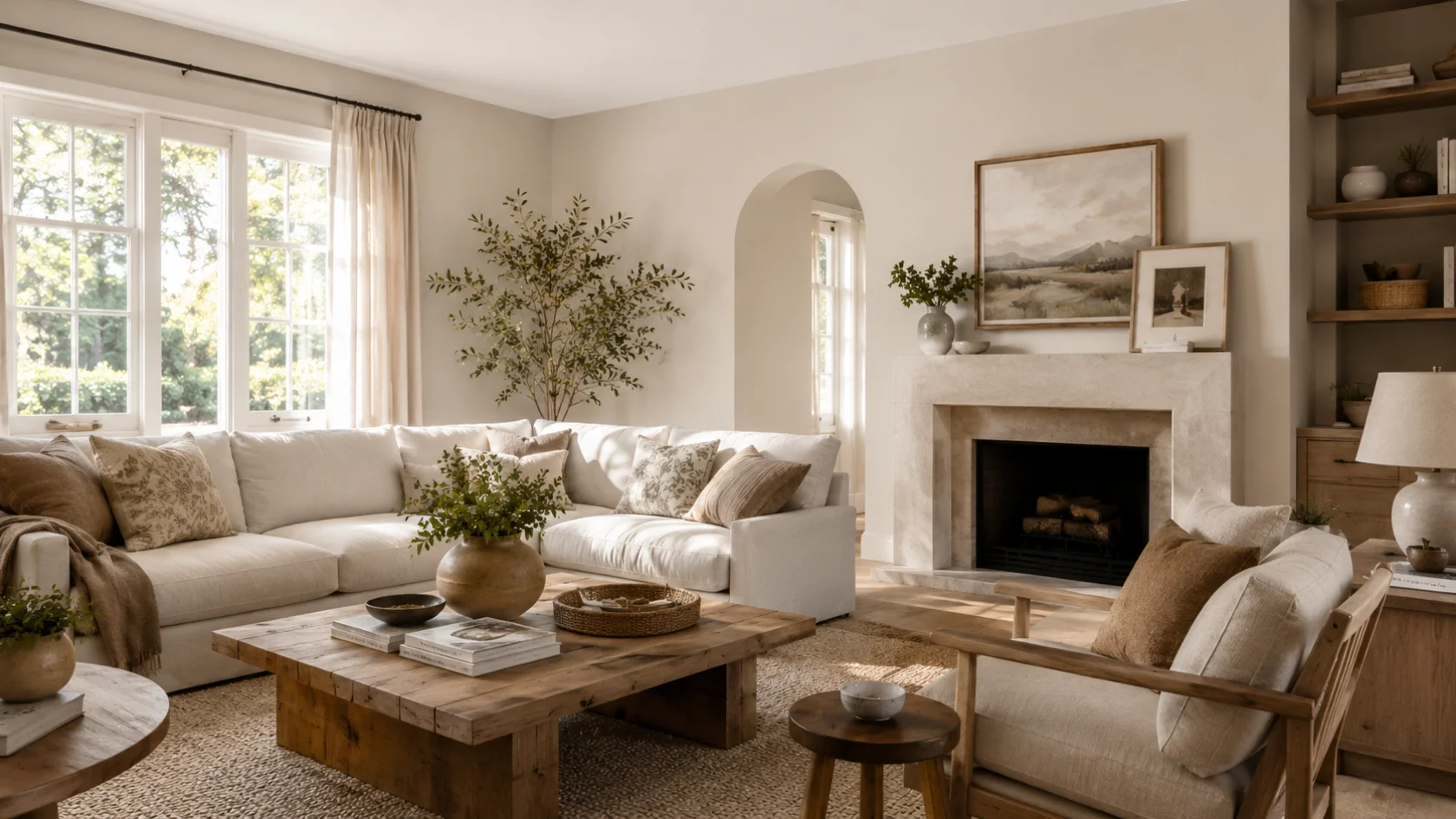 pale oak benjamin moore living room interior with warm neutral backdrop and balanced natural light tones