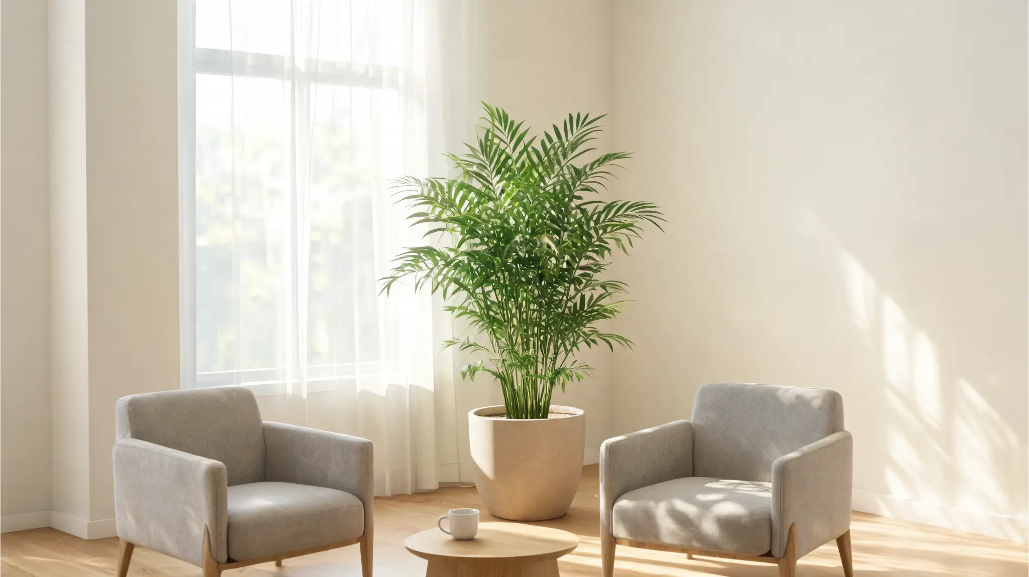 parlor palm in a floor planter in a calm office waiting area