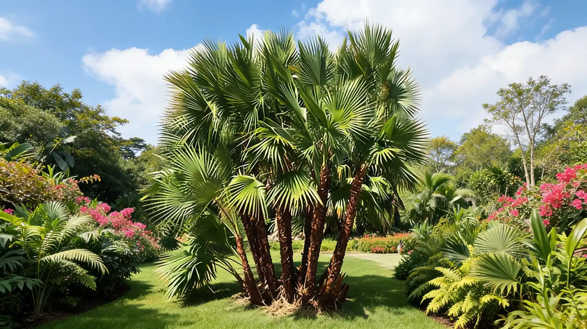 paurotis palm tree with clustering trunks and green fronds