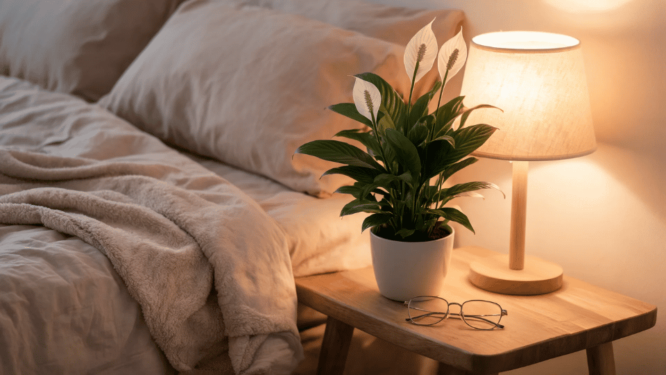 peace lily on a bedside stool with soft blush bedding, warm lamp light, notebook, and calm decor