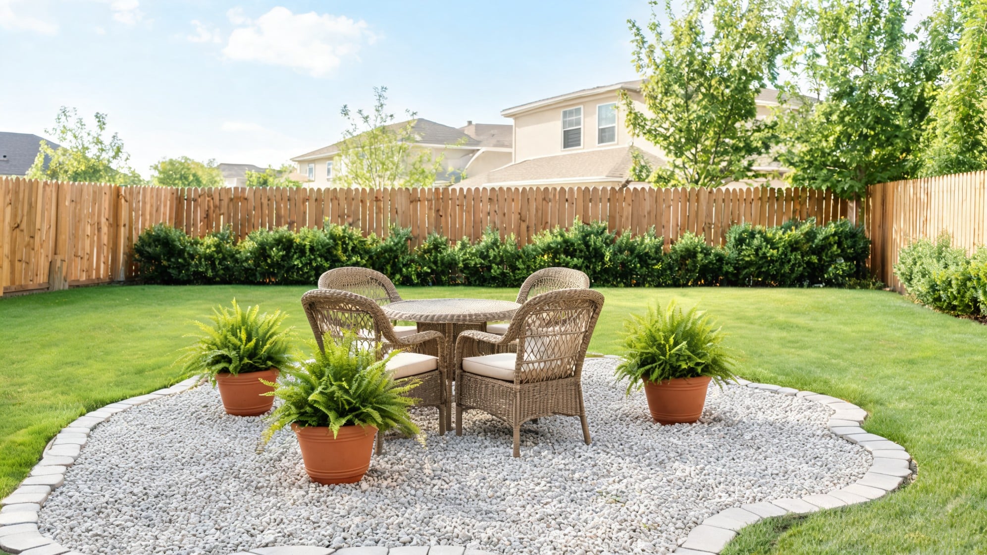 diy backyard ideas with pea gravel patio wicker chairs potted ferns and a simple lawn seating area