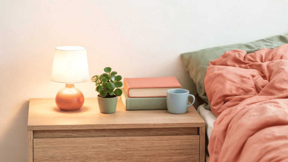 peperomia on a tiny bedroom nightstand with stacked books, ceramic mug, lamp, and coral bedding