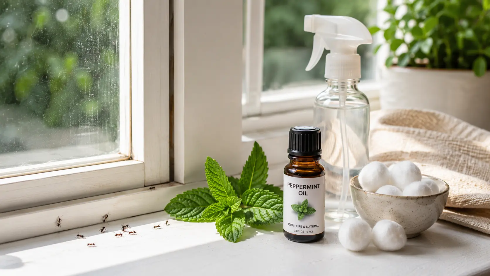 peppermint oil for ants near window sill