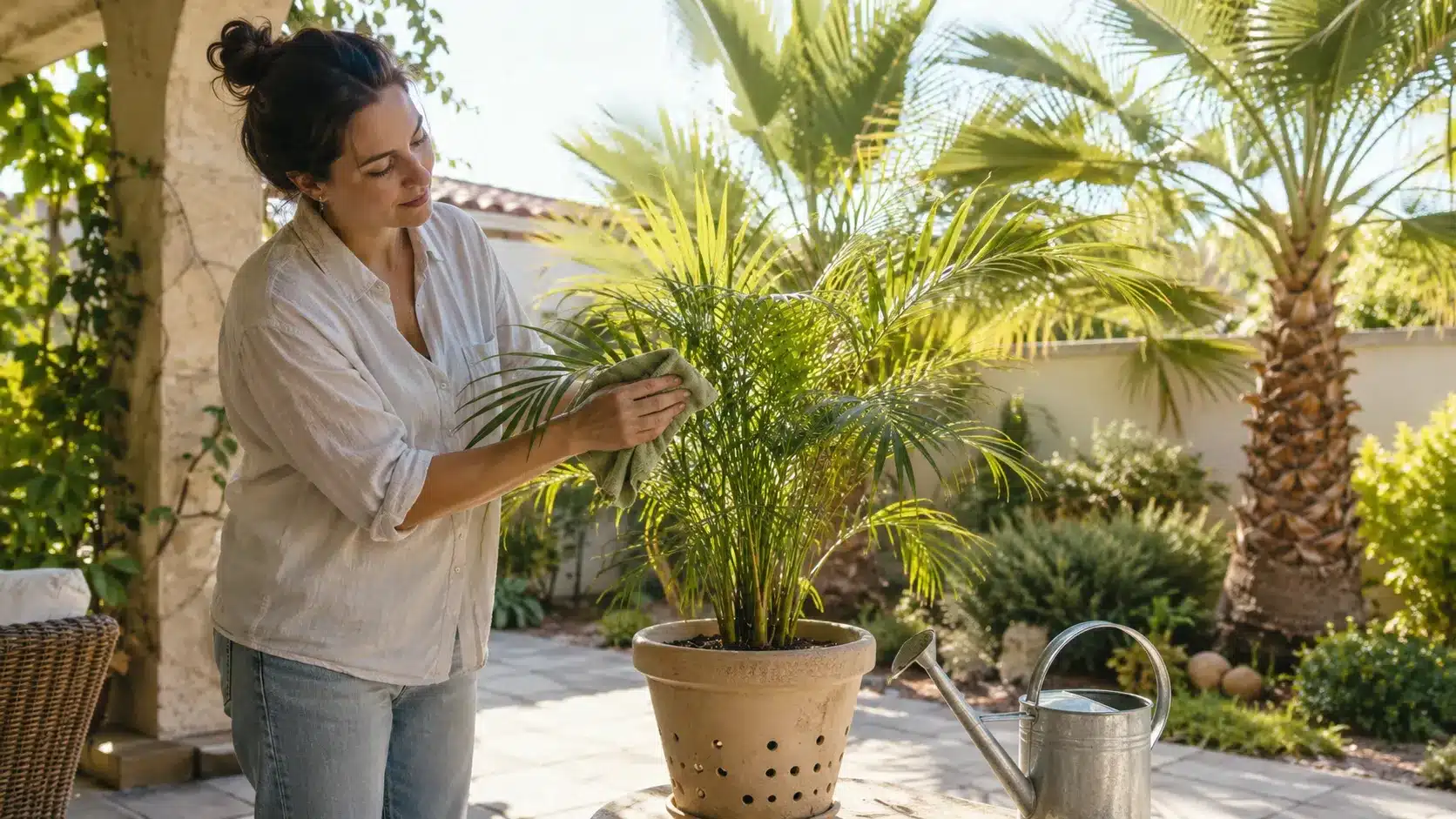 person caring for healthy palm trees by cleaning fronds and checking growth in a bright home garden setting