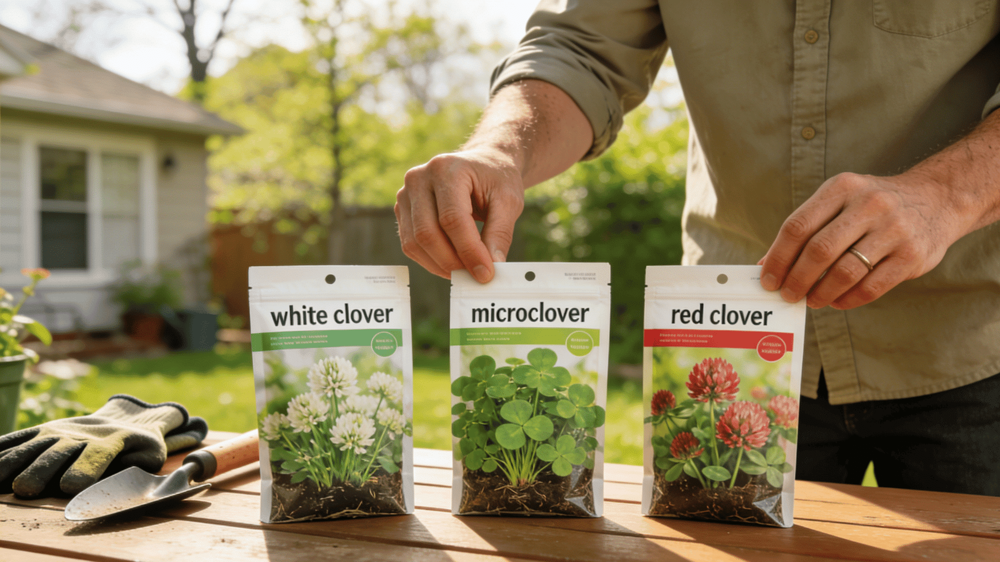 person choosing white clover microclover and red clover seeds for starting a backyard clover lawn