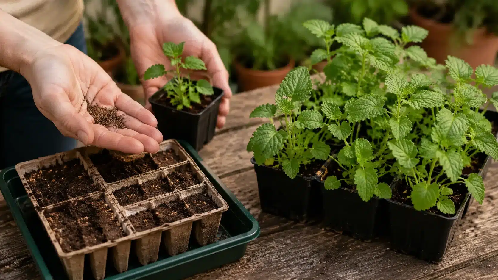 close-up of hands sowing small seedlings into biodegradable pots in natural sunlight on wooden surface
