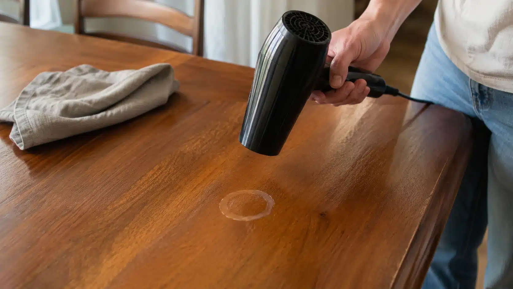 person using a hair dryer to demonstrate how to remove water stains from wood on a wooden table surface