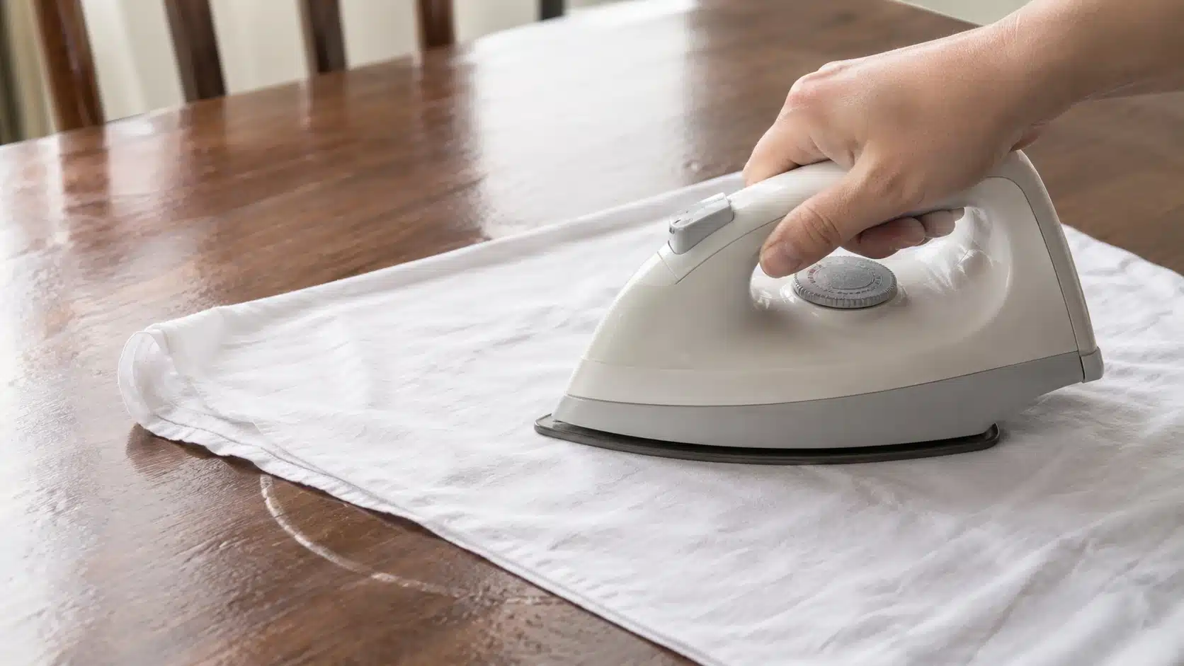 person using an iron over a cloth to demonstrate how to remove water stains from wood on a wooden table