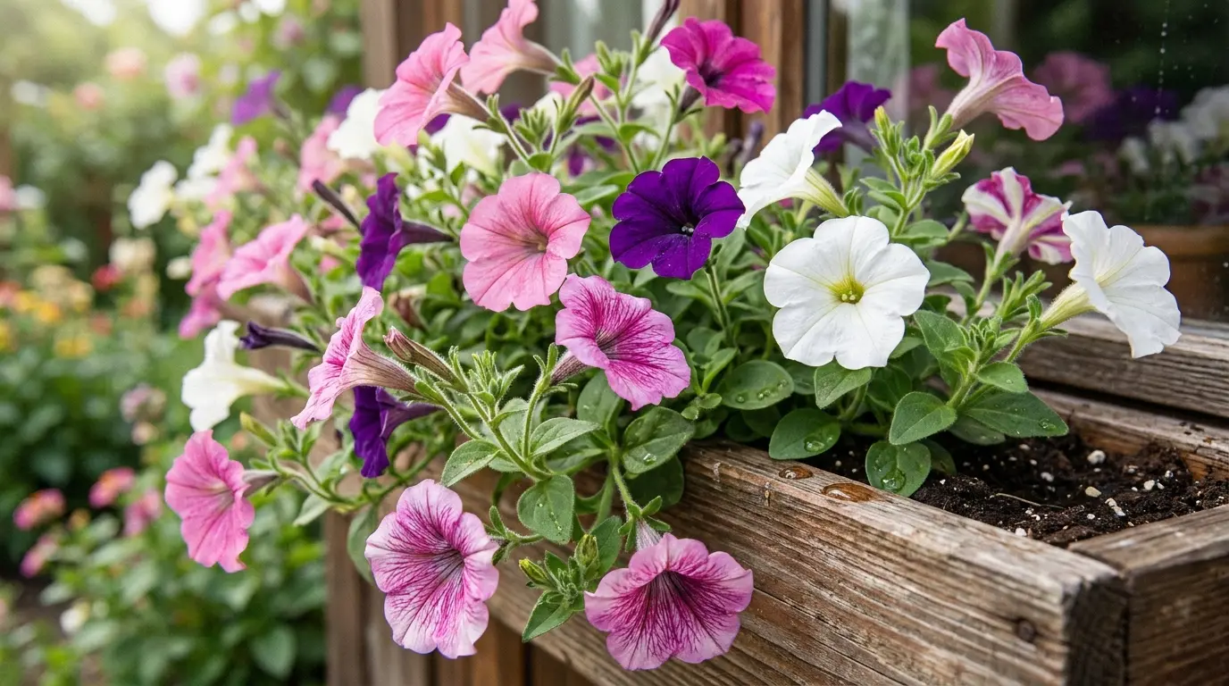 petunias blooming in a window box with soft colorful flowers and trailing green summer growth