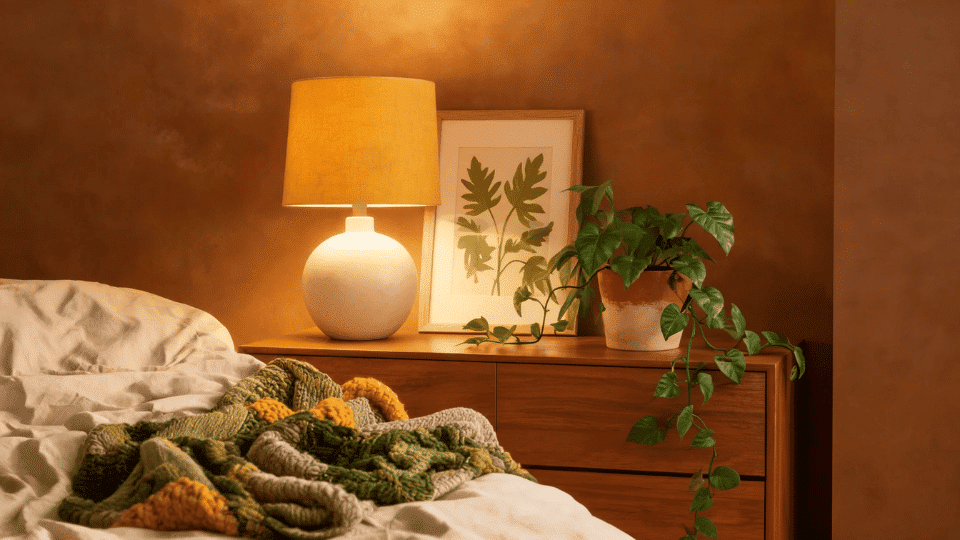 philodendron trailing from a bedroom shelf with olive bedding, framed print, lamp, and cozy throw