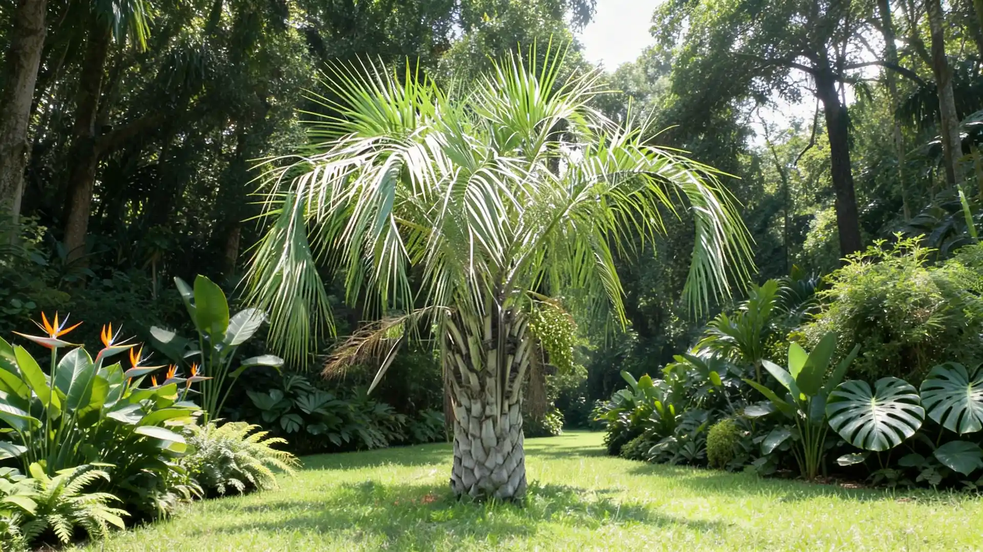 pindo palm tree with blue green arching fronds in a garden setting