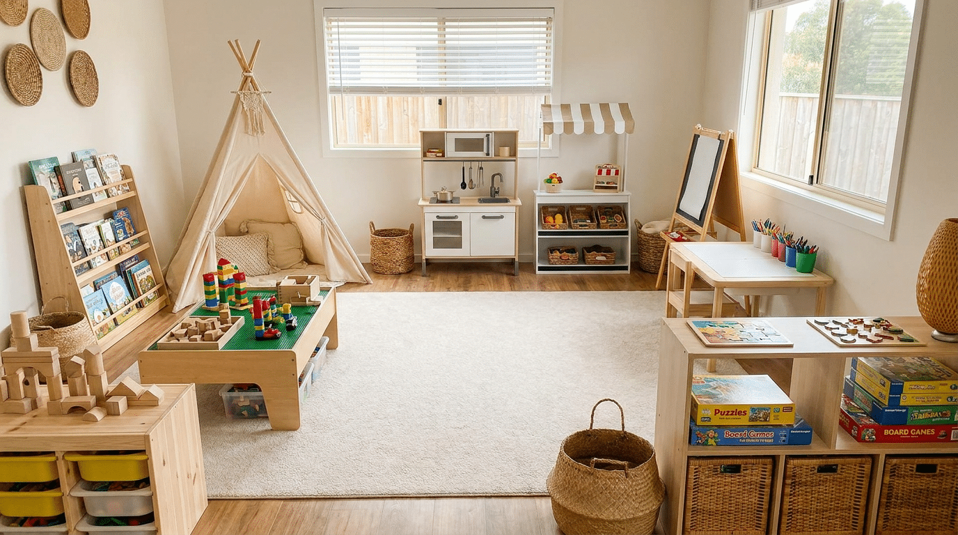 playroom storage ideas with activity zones for books, blocks, crafts, and pretend play in a kids room