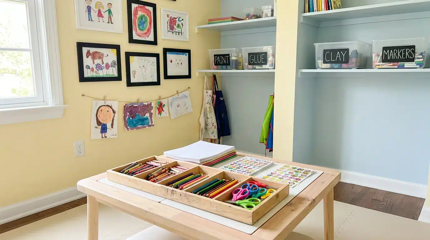 playroom storage ideas with art supply tray craft table storage bins and kids paintings displayed on the wall