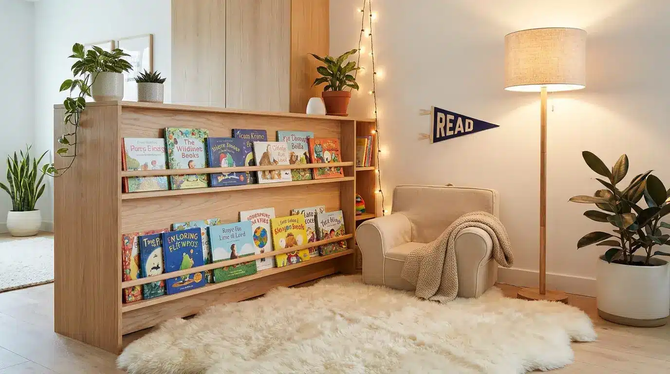 playroom storage ideas with front-facing book shelves in a cozy reading corner for kids and toddlers
